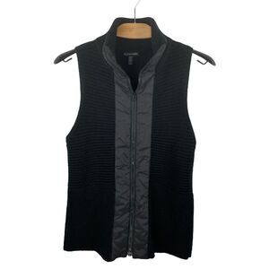 EILEEN Fisher Black Ribbed Merino Zip Front Vest w/ Patka Trim Size XS